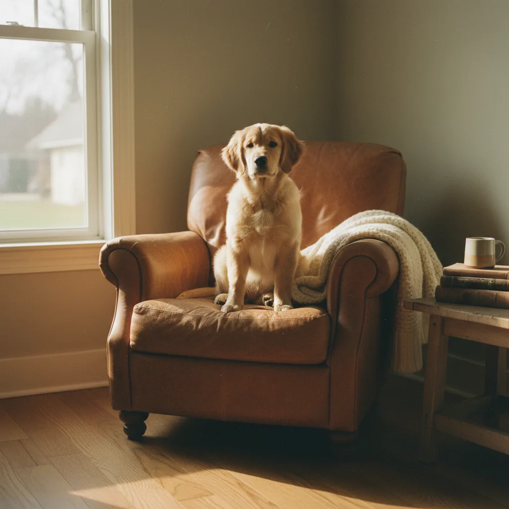 An adolescent dog half filling the same armchair