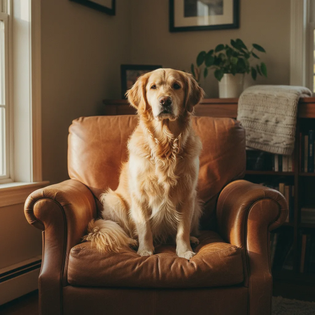 A full-grown dog filling the same armchair