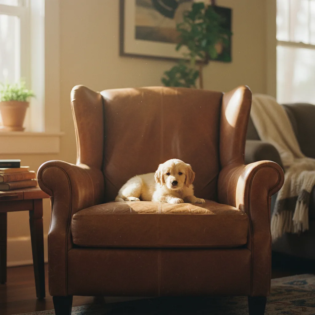 A young puppy small in a leather armchair